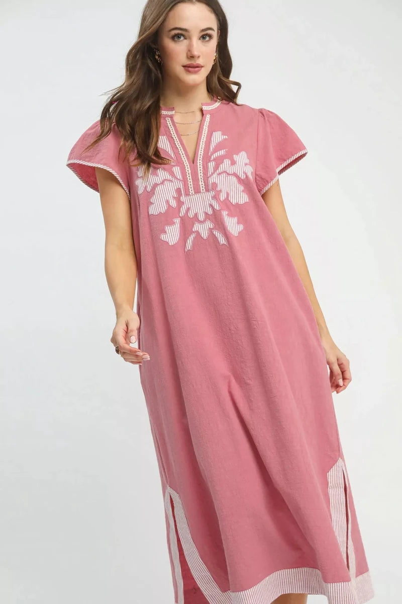 Embroidered Floral Midi Dress with Contrast Trim - 