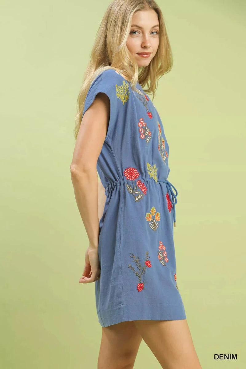Embroidered Floral Mini Dress with Waist Tie - 