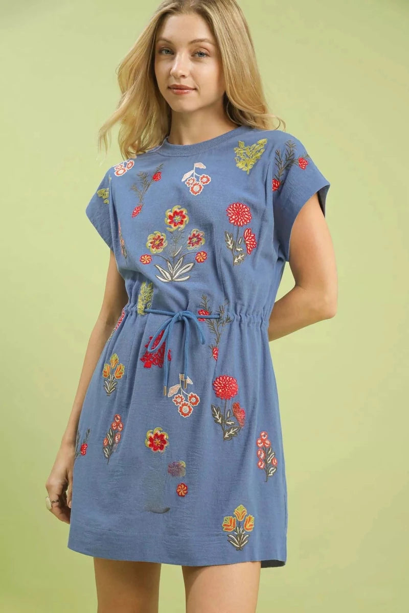 Embroidered Floral Mini Dress with Waist Tie - 