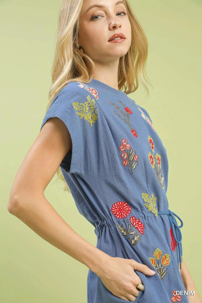 Embroidered Floral Mini Dress with Waist Tie - 
