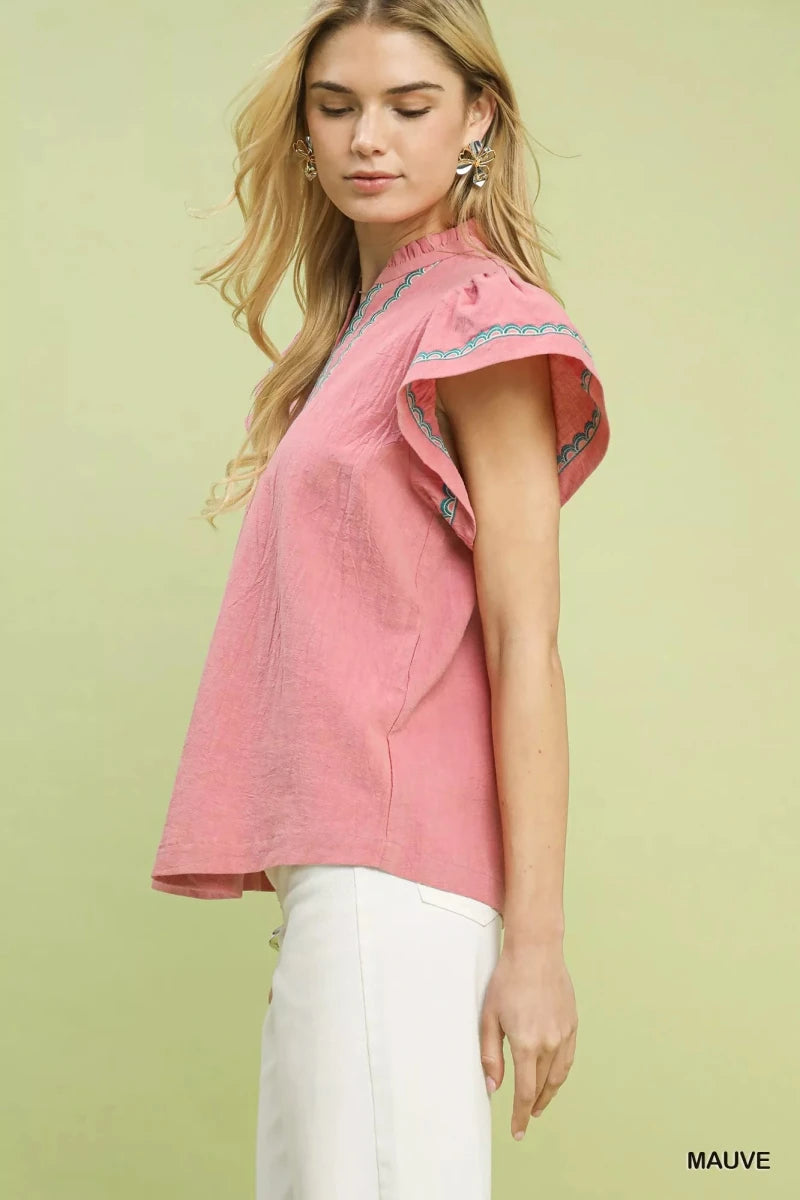 Embroidered Flutter Sleeve Cotton Blouse - 