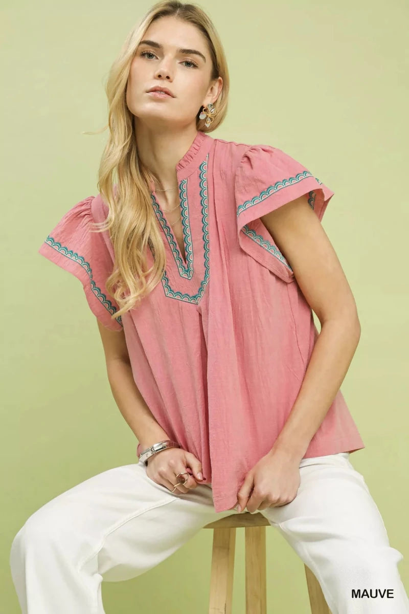 Embroidered Flutter Sleeve Cotton Blouse - 