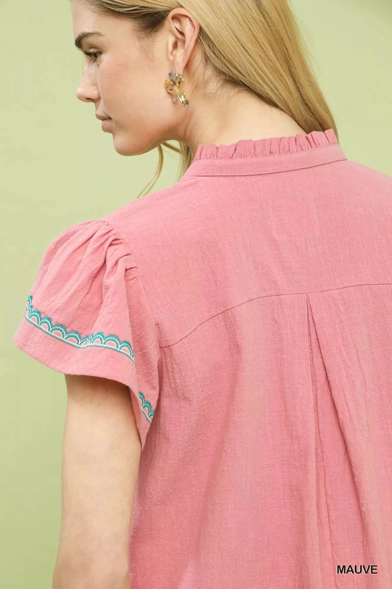 Embroidered Flutter Sleeve Cotton Blouse - 