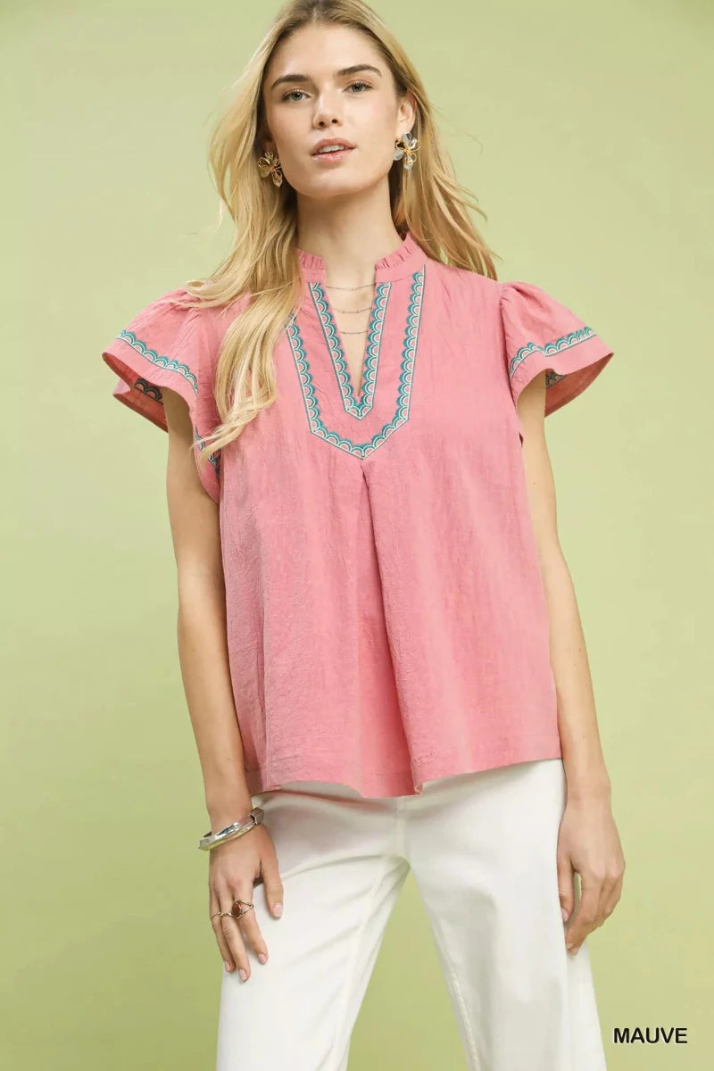 Embroidered Flutter Sleeve Cotton Blouse - 
