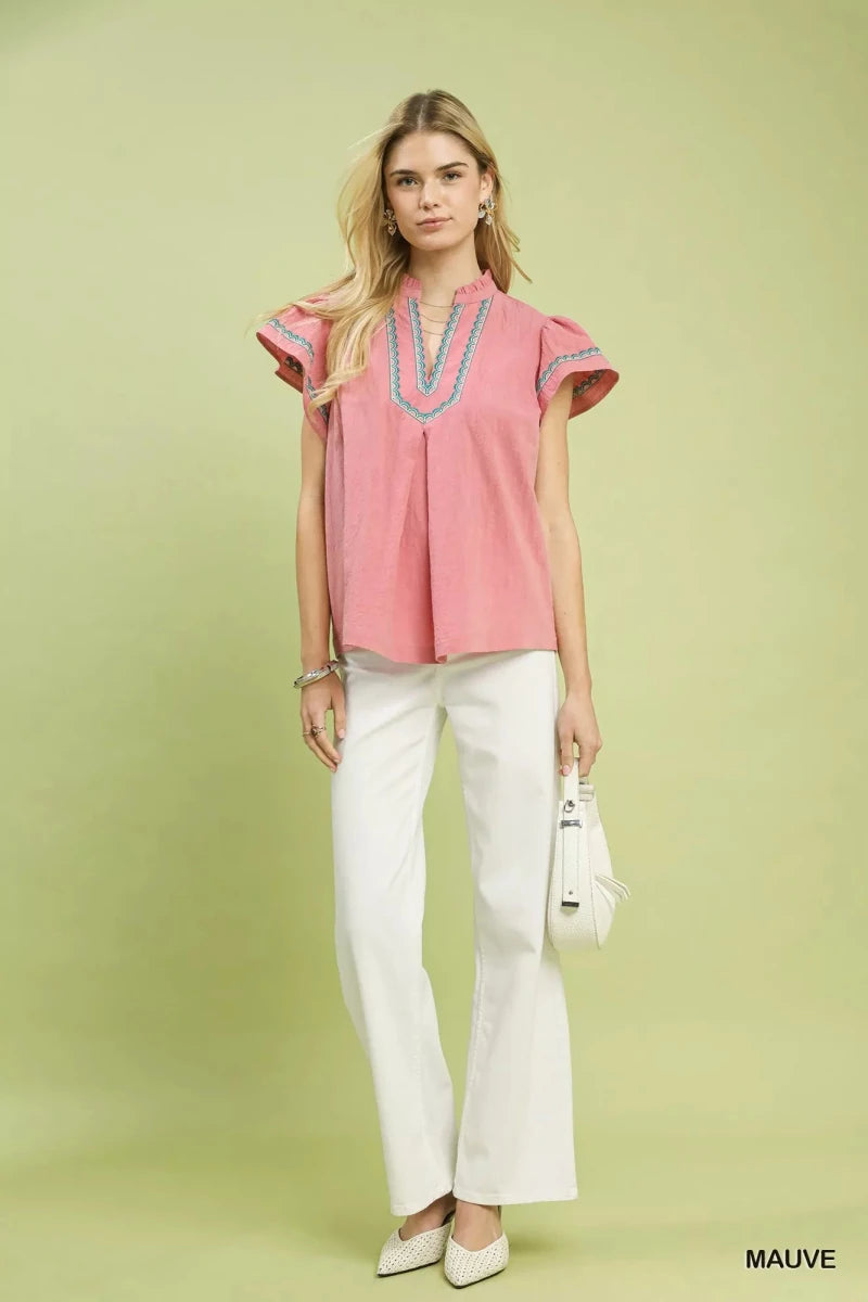 Embroidered Flutter Sleeve Cotton Blouse - 
