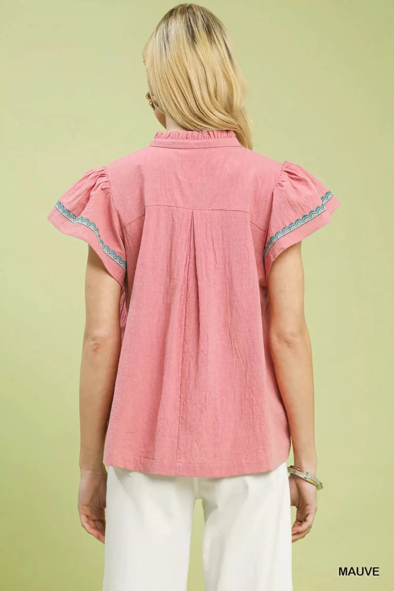 Embroidered Flutter Sleeve Cotton Blouse - 