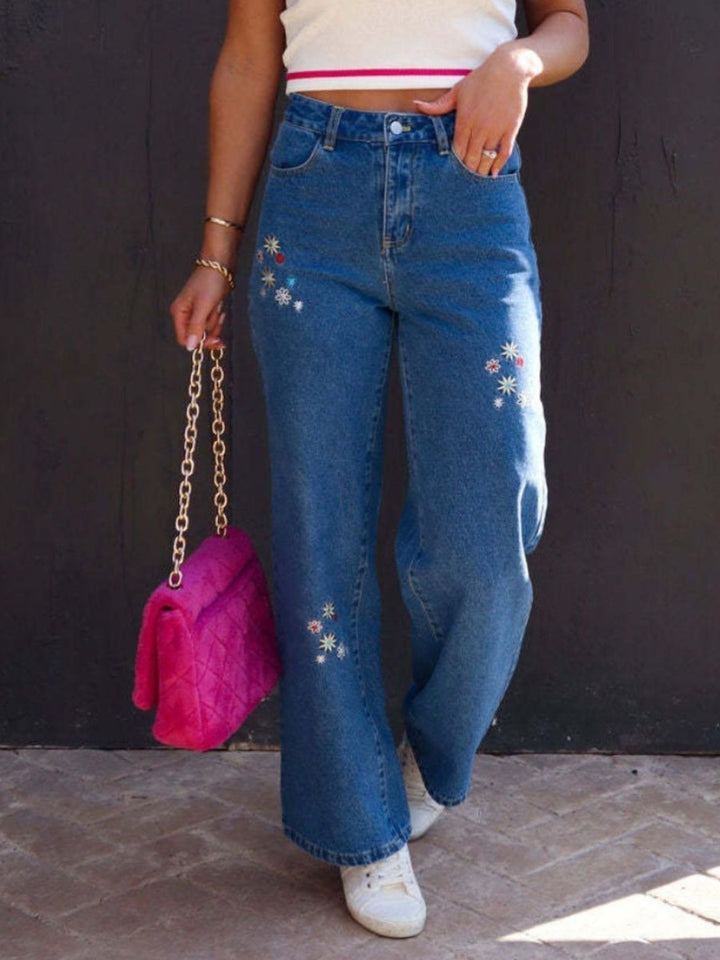 Embroidered Straight Jeans with Pockets - Bottoms Sale