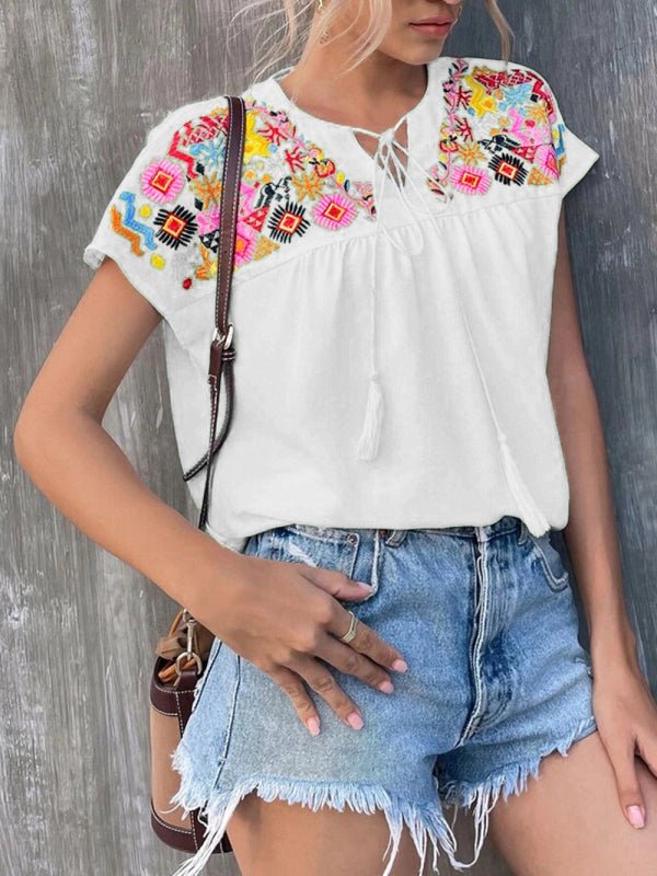 Embroidered tassel tie collar batwing sleeve shirt women - Top