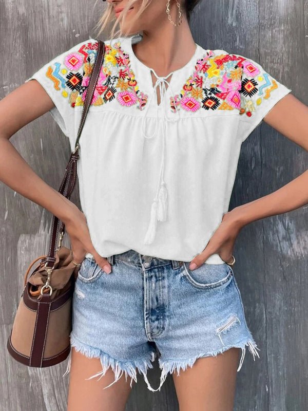 Embroidered tassel tie collar batwing sleeve shirt women - Top