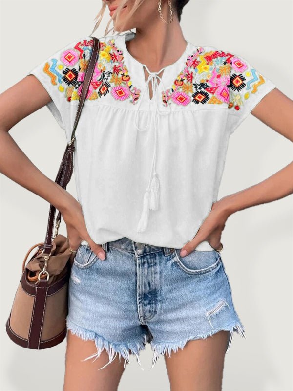 Embroidered tassel tie collar batwing sleeve shirt women - Top