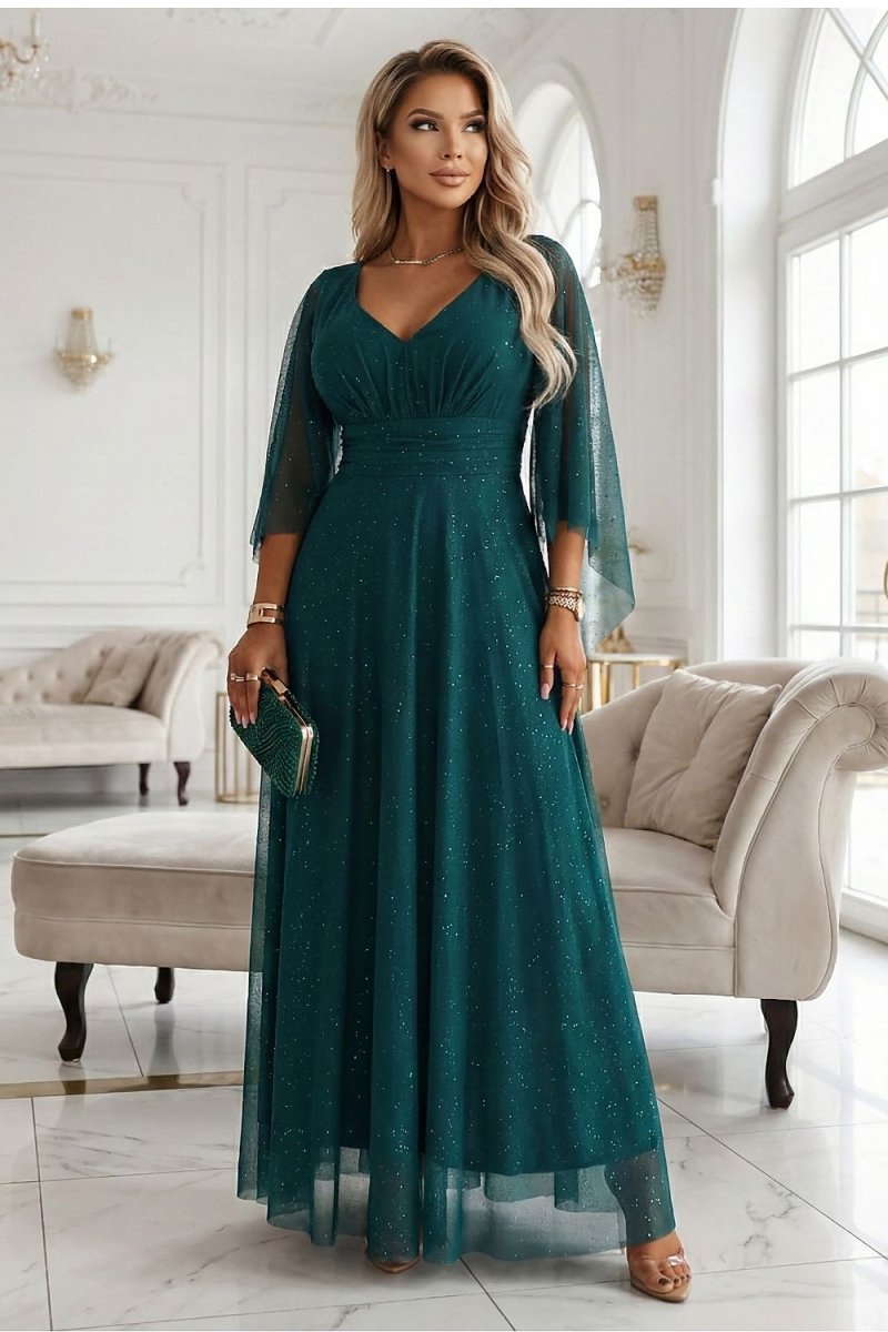 Emerald Maxi Dress with V - Neck Wrap - 