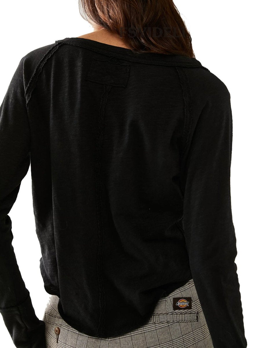Exposed Seam Notched Long Sleeve T-Shirt - Top