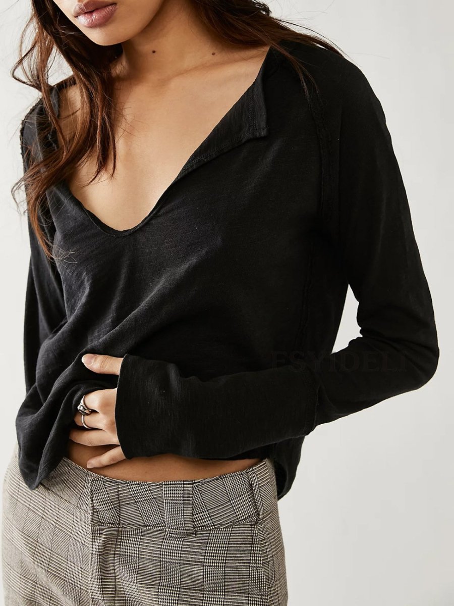 Exposed Seam Notched Long Sleeve T-Shirt - Top
