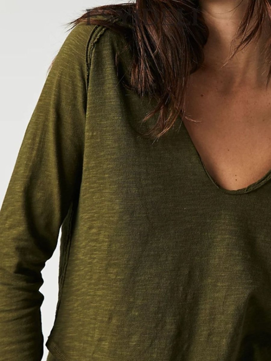 Exposed Seam Notched Long Sleeve T-Shirt - Top