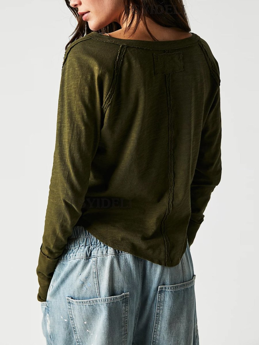 Exposed Seam Notched Long Sleeve T-Shirt - Top