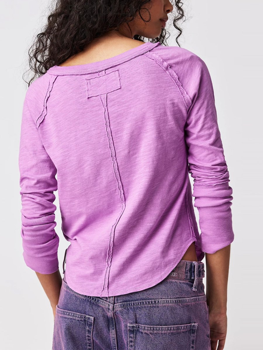 Exposed Seam Notched Long Sleeve T-Shirt - Top