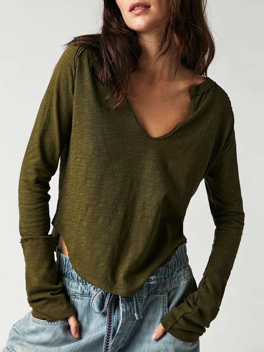 Exposed Seam Notched Long Sleeve T-Shirt - Top
