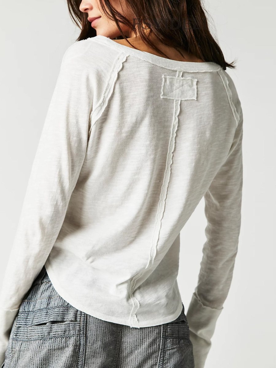 Exposed Seam Notched Long Sleeve T-Shirt - Top