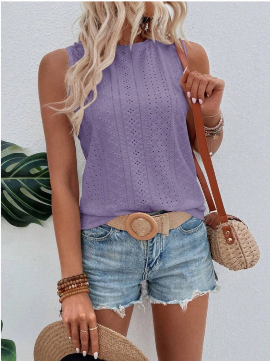 Eyelet Round Neck Tank - Top