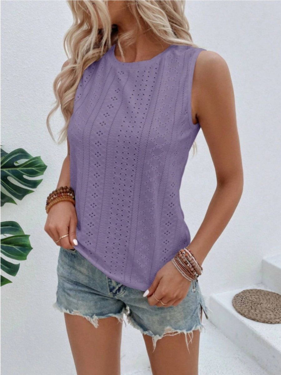 Eyelet Round Neck Tank - Top