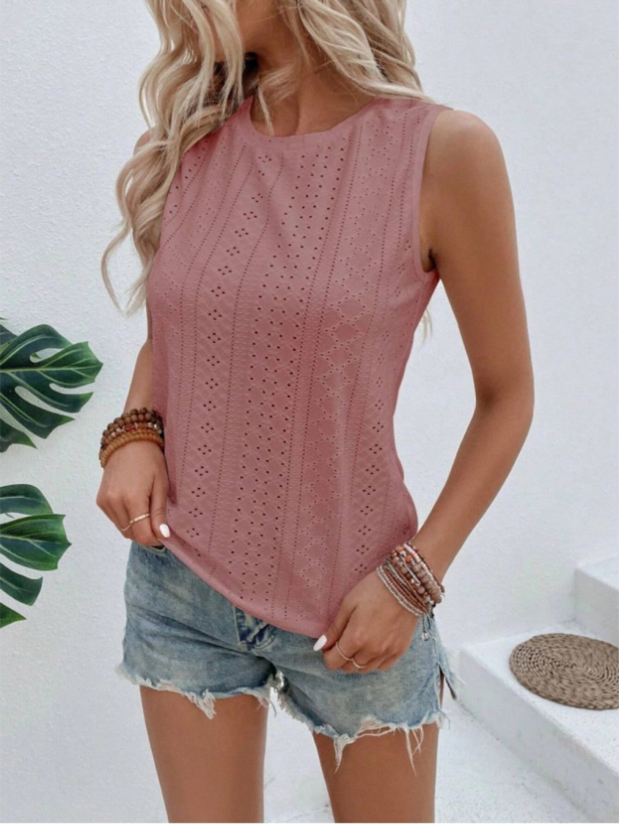Eyelet Round Neck Tank - Top