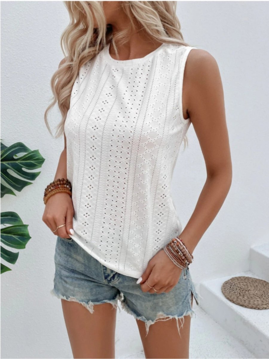 Eyelet Round Neck Tank - Top