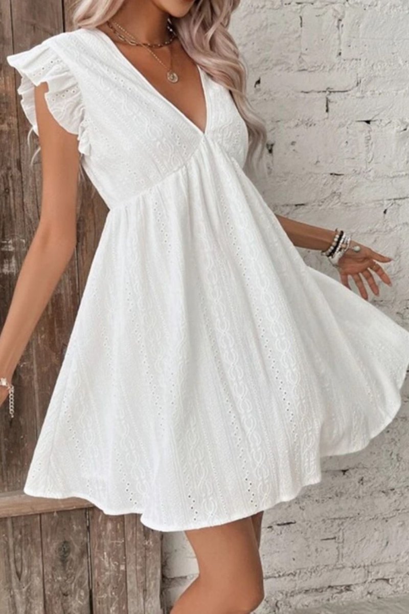 Eyelet Ruffled Cap Sleeve Mini Dress - Casual Dress