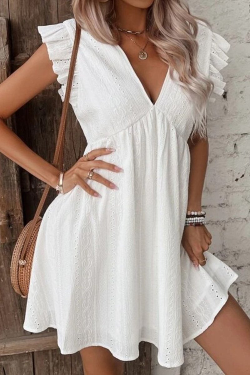 Eyelet Ruffled Cap Sleeve Mini Dress - Casual Dress