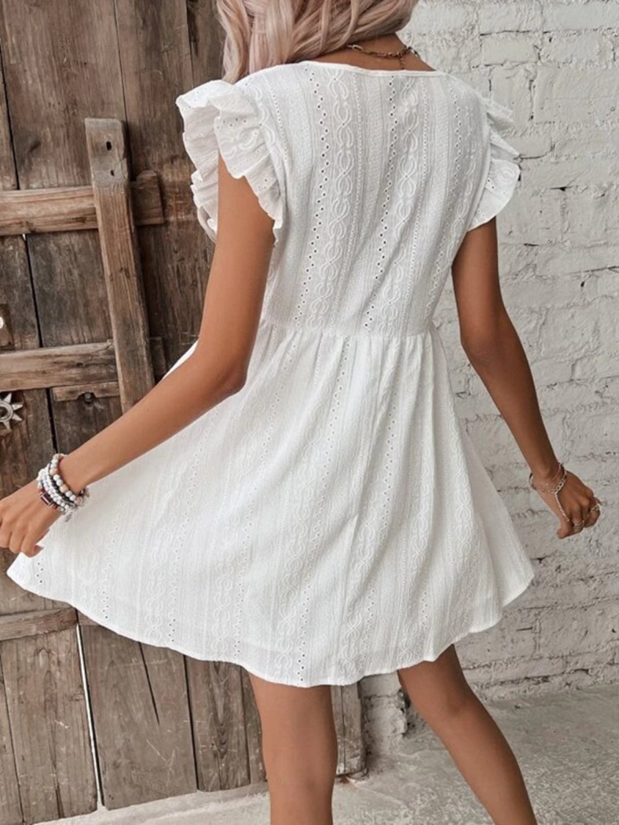 Eyelet Ruffled Cap Sleeve Mini Dress - Casual Dress