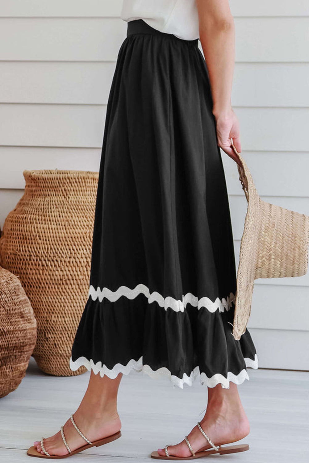 Contrast Trim Elastic Waist Skirt