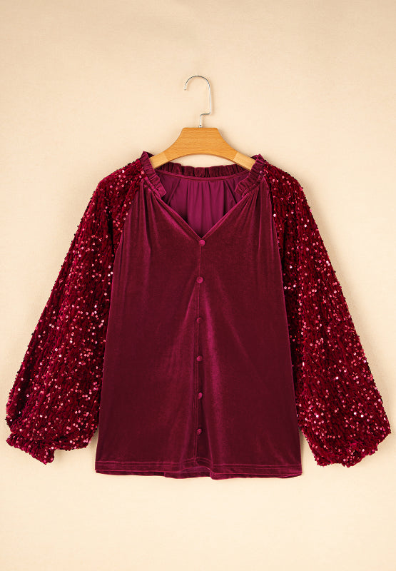 Sequin Notched Long Sleeve Blouse