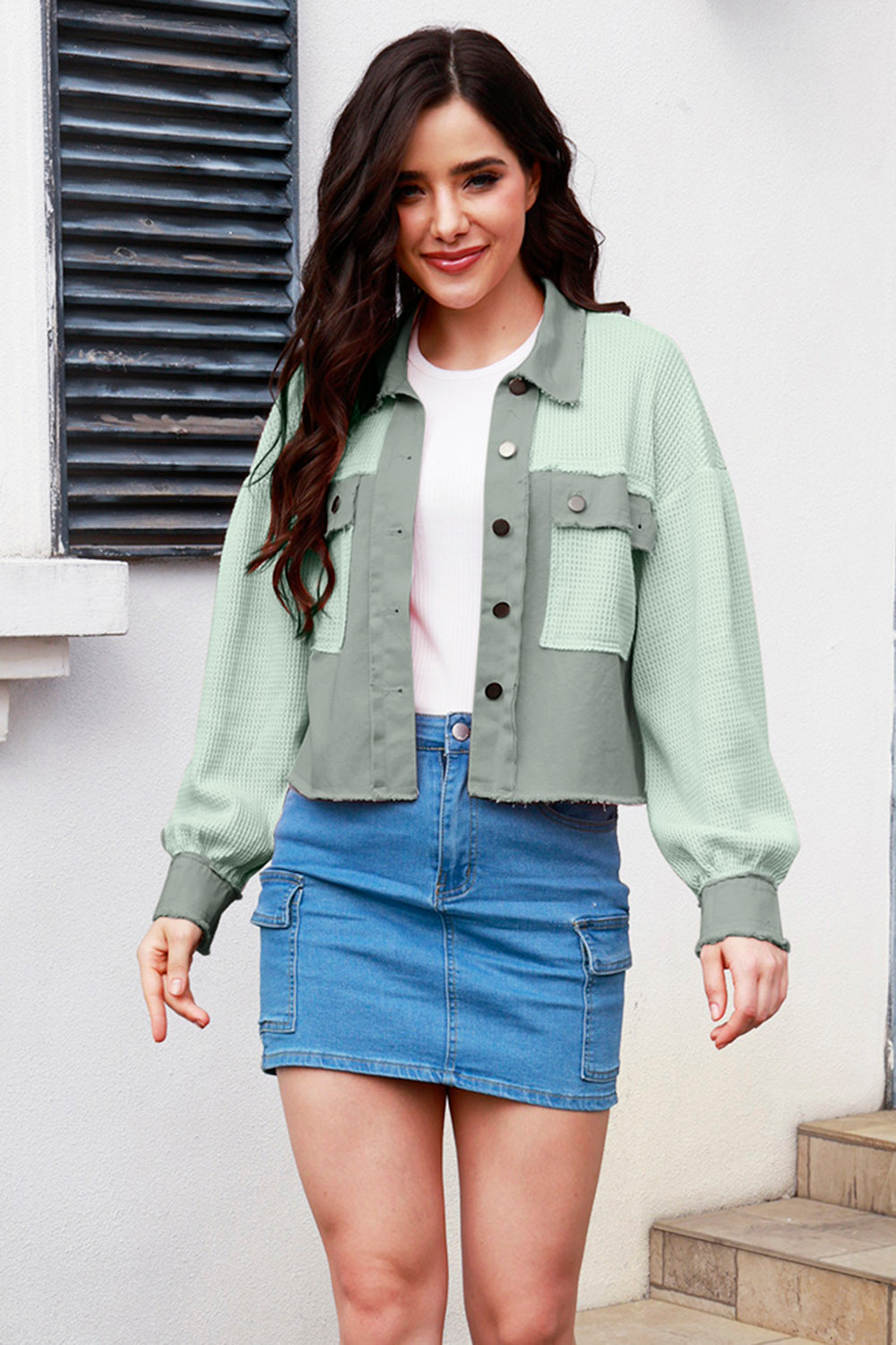 MeiMei Button Up Raw Hem Long Sleeve Jacket