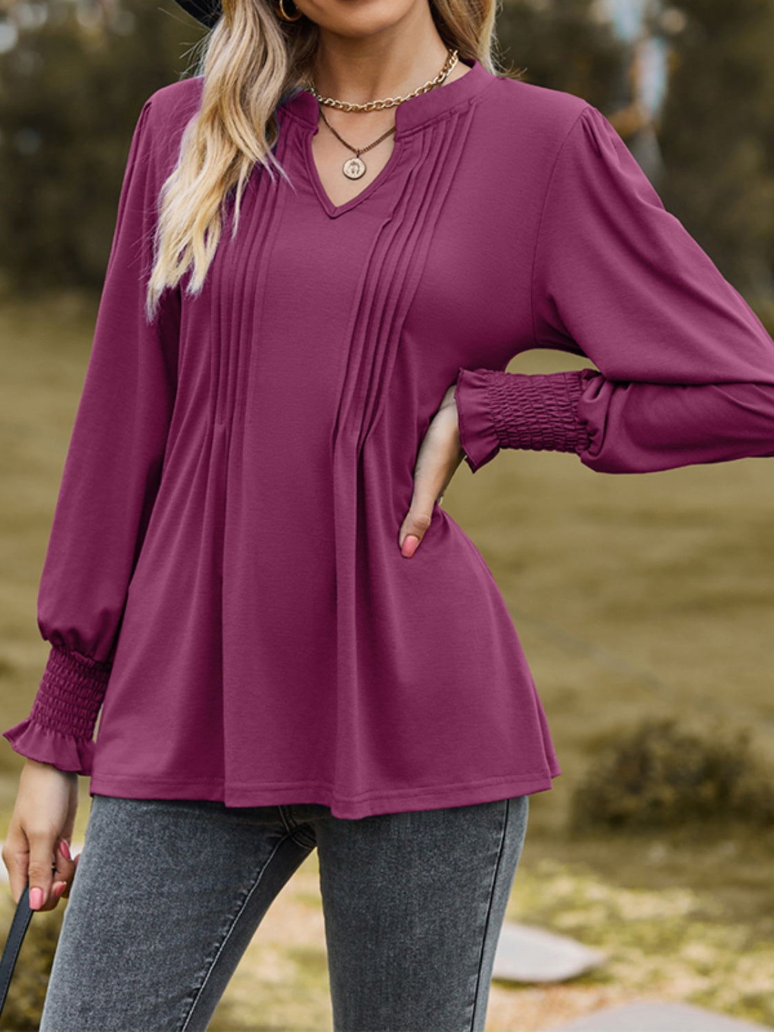 Ruched Notched Long Sleeve T-Shirt