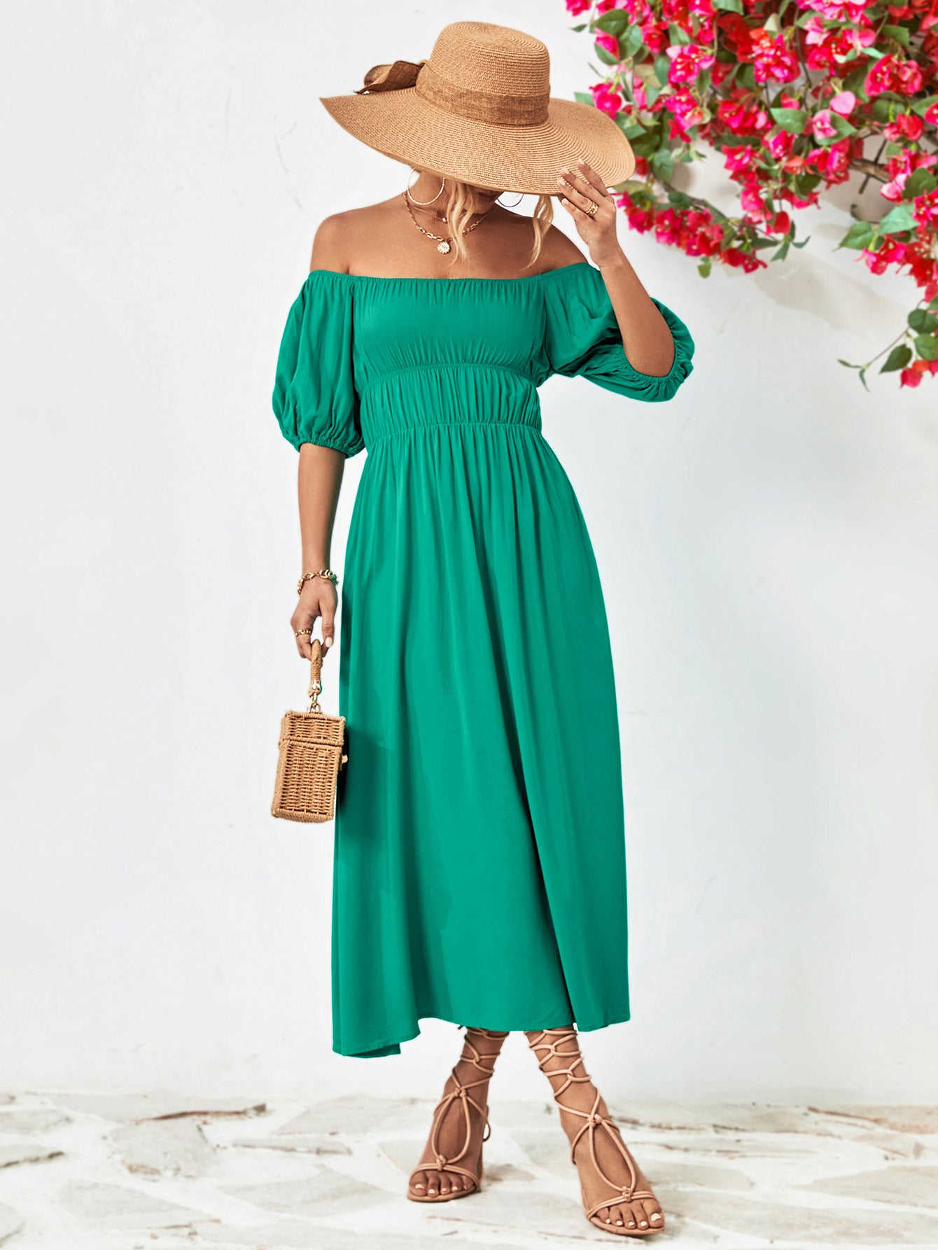 off-shoulder balloon sleeve midi dress