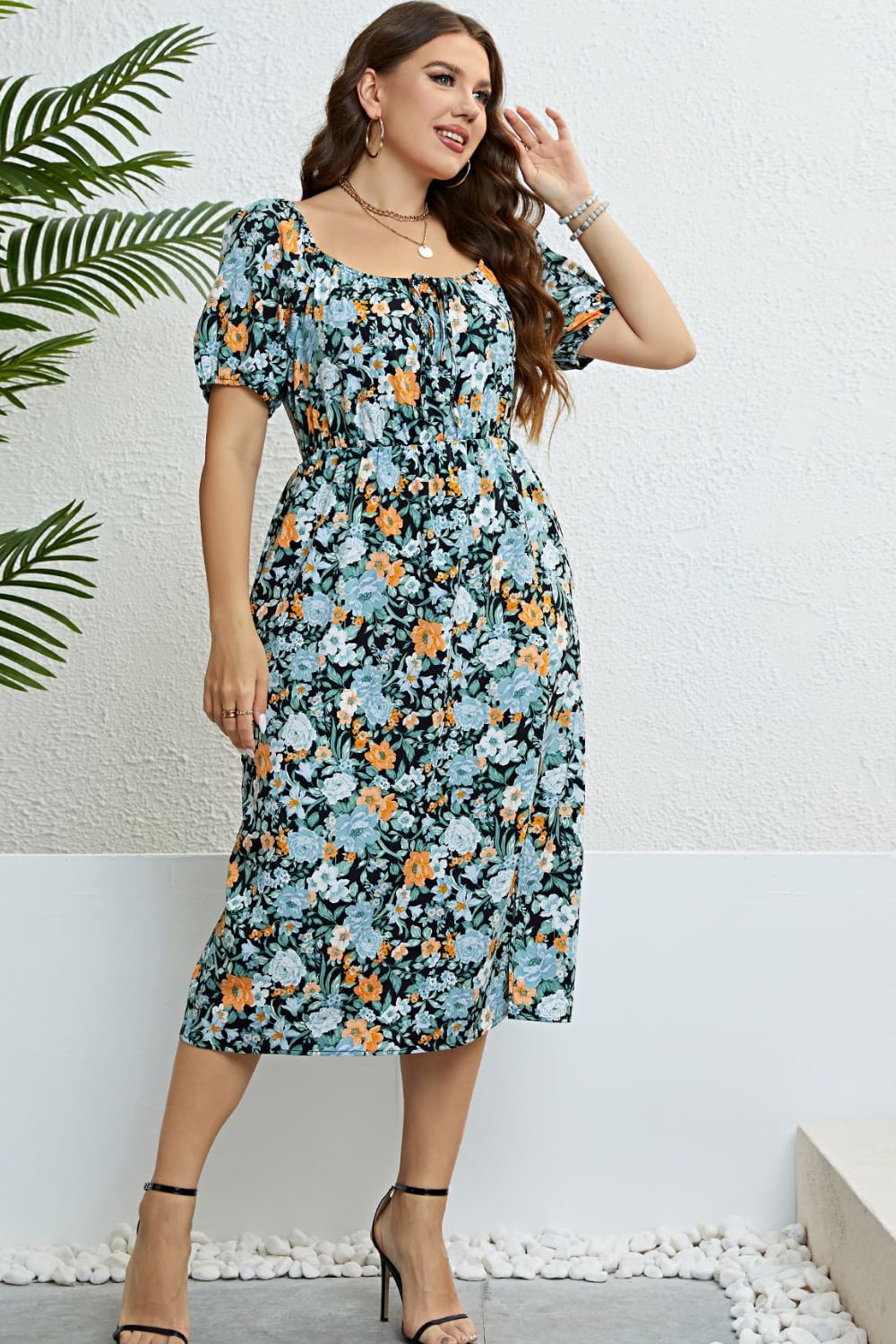 honey floral split short sleeve dress