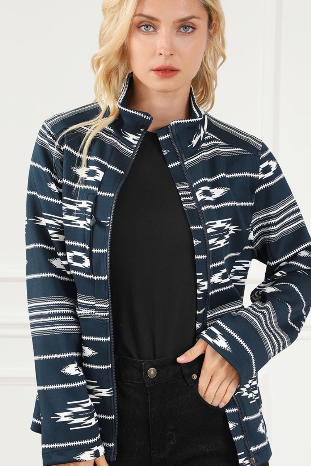 Geometric Zip Up Long Sleeve Jacket