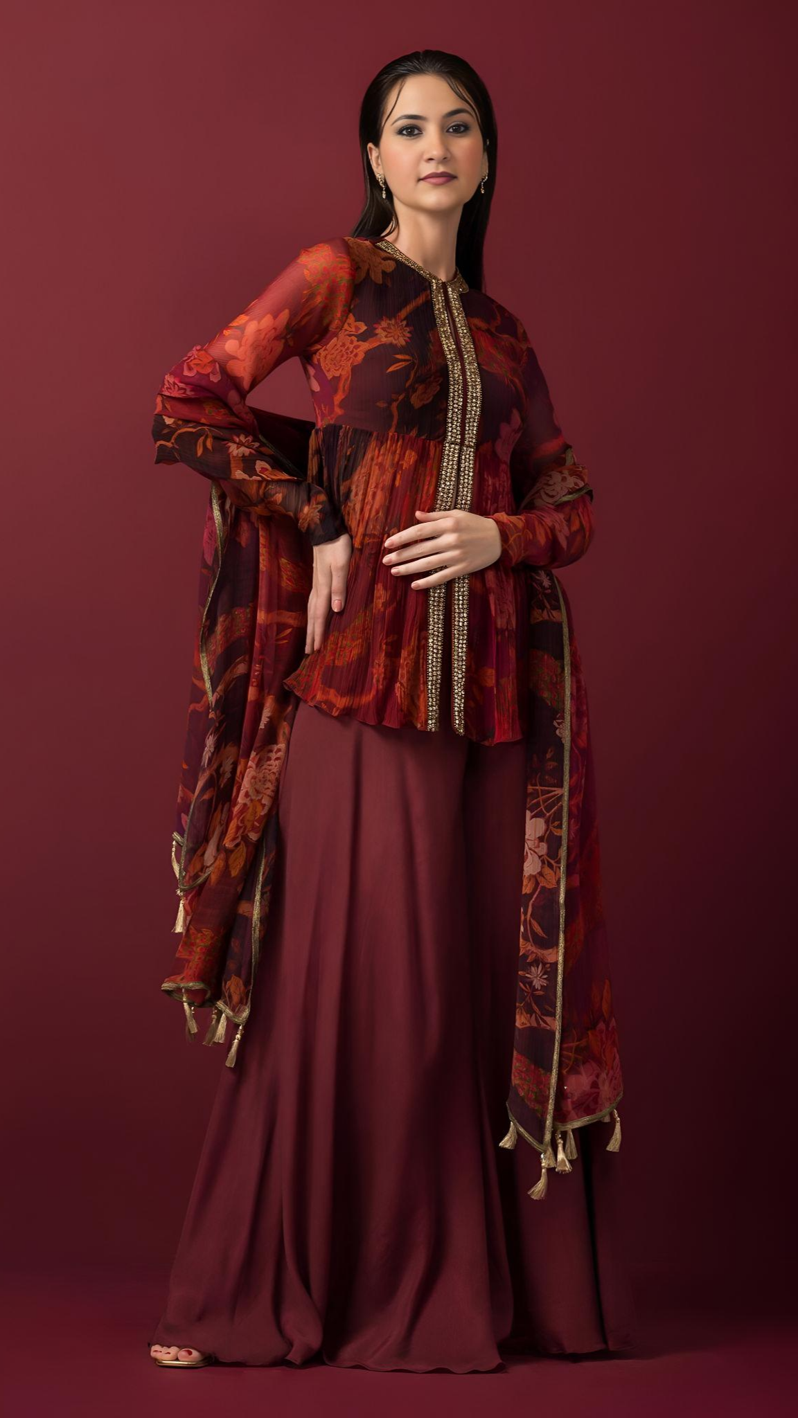 Custom Maroon Top And Dupatta Chiffon Printed Floral Embroidered Sharara Set