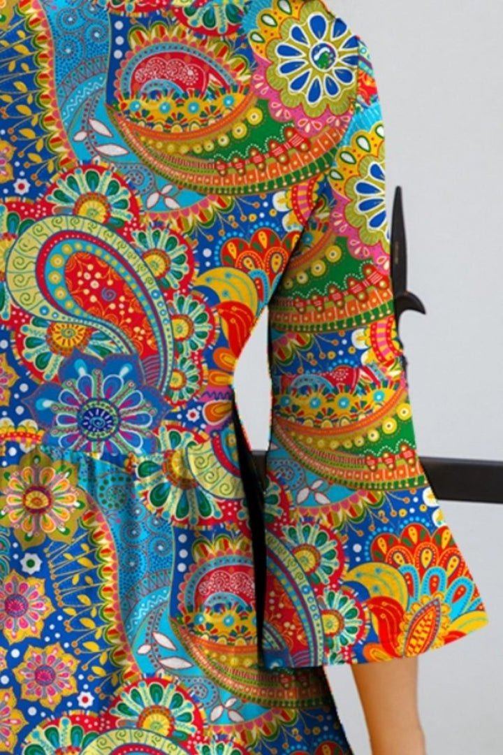 FAM - FAM Paisley Print Round Neck Three - Quarter Sleeve Dress - Day Dress