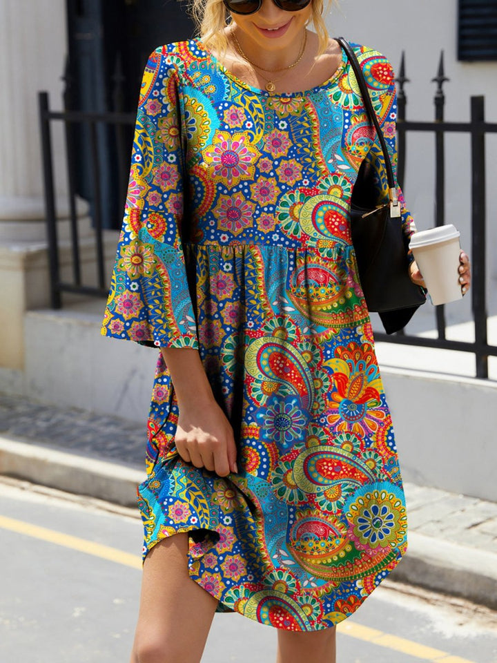 FAM - FAM Paisley Print Round Neck Three - Quarter Sleeve Dress - Day Dress