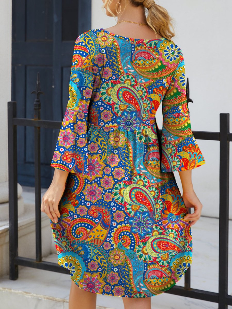FAM - FAM Paisley Print Round Neck Three - Quarter Sleeve Dress - Day Dress