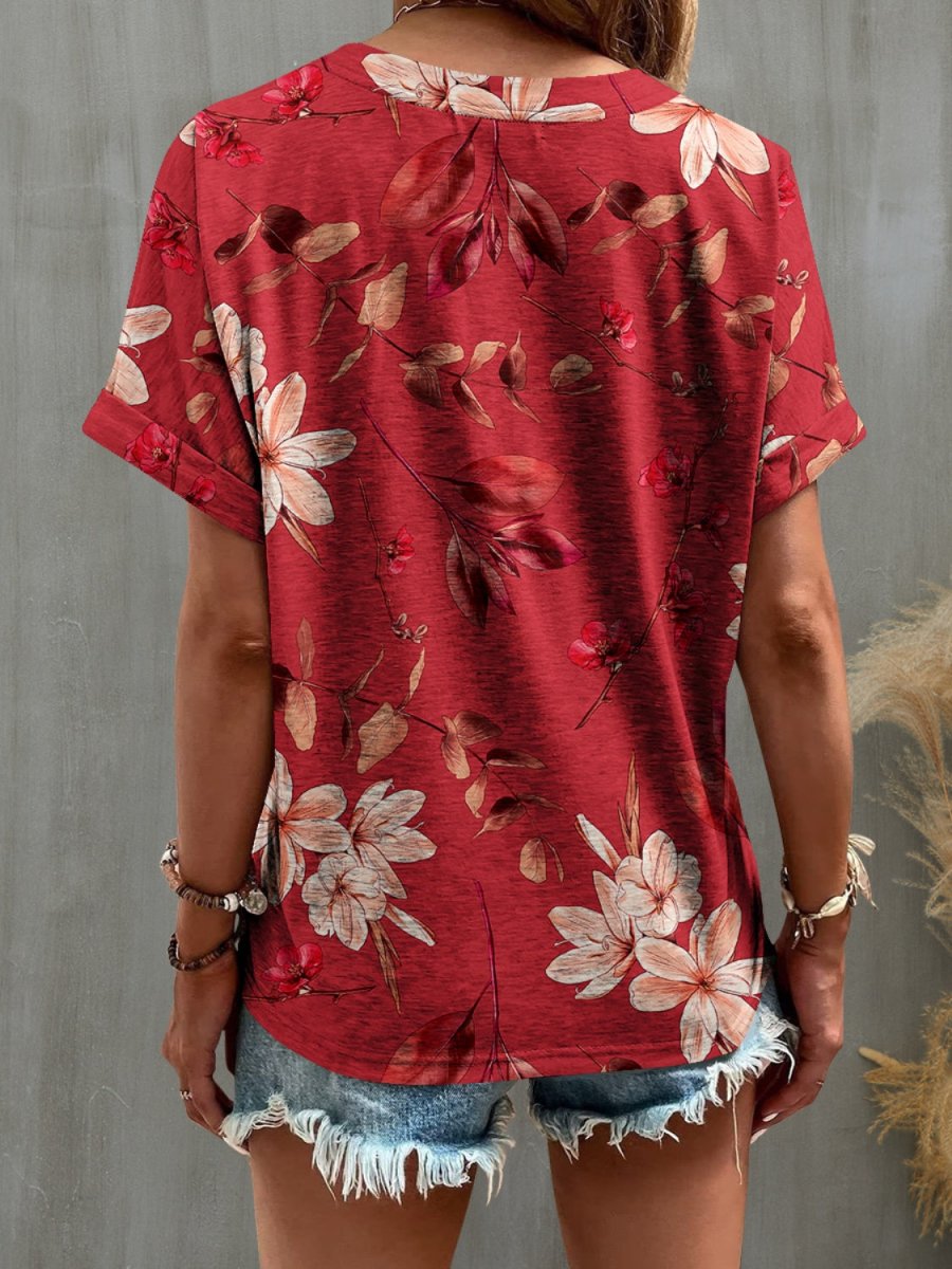 FAM - FAM Printed Notched Short Sleeve T-Shirt - Top
