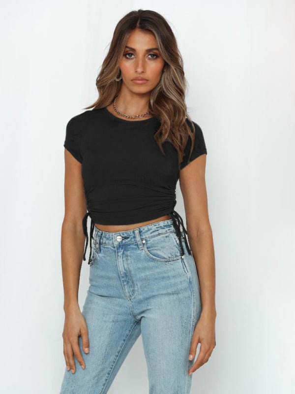 Fashion sexy pit strip navel short drawstring tie round neck short - sleeved T-shirt - Top