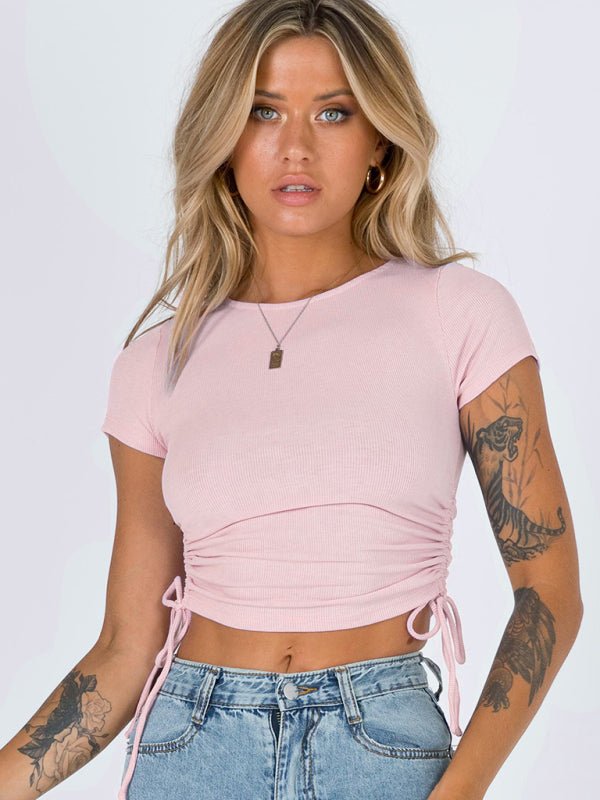 Fashion sexy pit strip navel short drawstring tie round neck short - sleeved T-shirt - Top