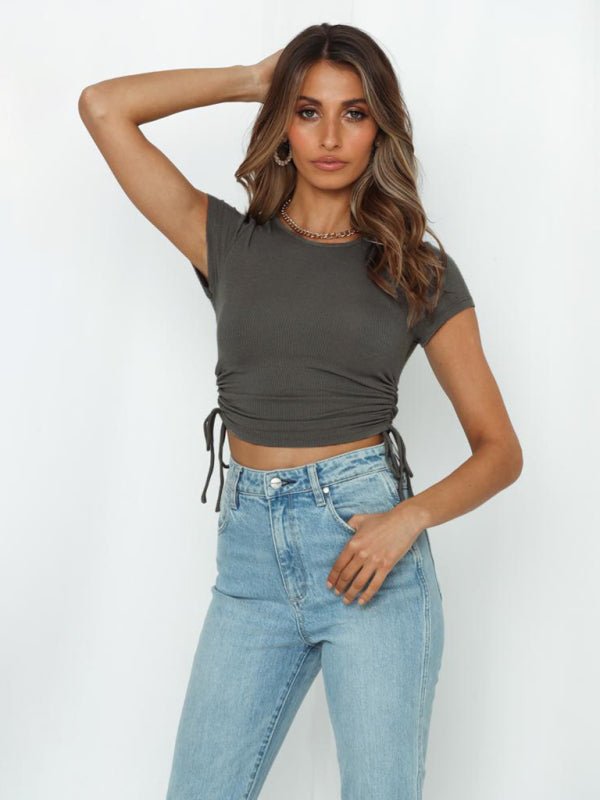 Fashion sexy pit strip navel short drawstring tie round neck short - sleeved T-shirt - Top