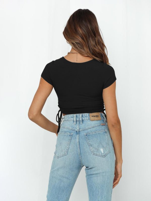 Fashion sexy pit strip navel short drawstring tie round neck short - sleeved T-shirt - Top
