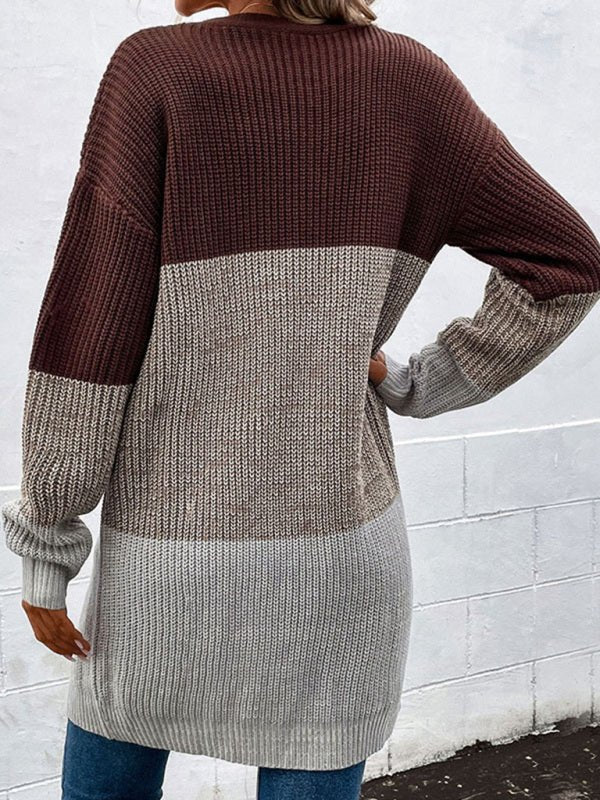 Fashion women's autumn and winter new long - sleeved color - blocking long sweater cardigan - Outerwear