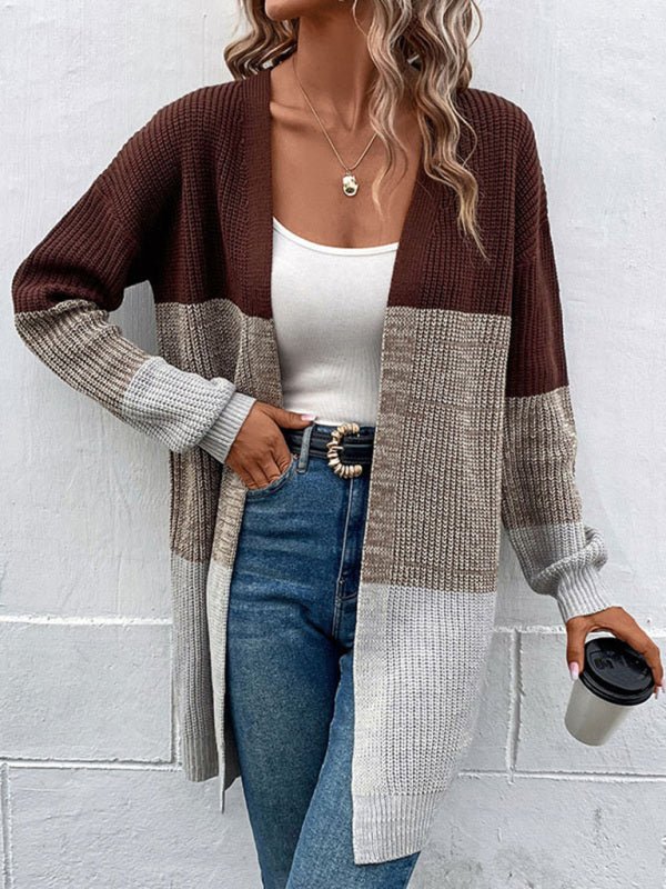 Fashion women's autumn and winter new long - sleeved color - blocking long sweater cardigan - Outerwear
