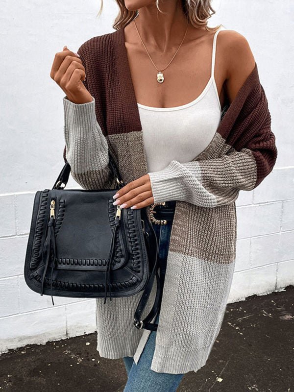 Fashion women's autumn and winter new long - sleeved color - blocking long sweater cardigan - Outerwear