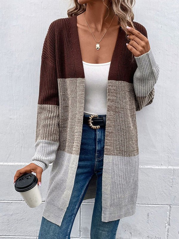 Fashion women's autumn and winter new long - sleeved color - blocking long sweater cardigan - Outerwear