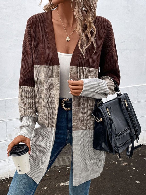 Fashion women's autumn and winter new long - sleeved color - blocking long sweater cardigan - Outerwear